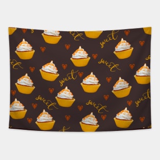 Sweet Lemon Cupcake Pattern on Chocolate Background Tapestry