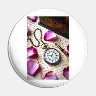 Old pocket Watch And Rose Petals Pin