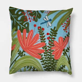 Jungle flowers with blue dragonfly Pillow