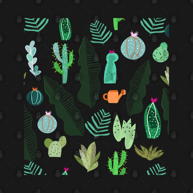 Cactus and flowers tropical pattern by GULSENGUNEL