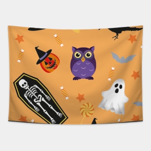 Halloween Pattern with ghost, hat , Human skeleton , owl, bat , candy, pumpkin ,Crows illustrations Tapestry