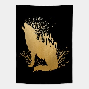 Fairy Tale Metallic Gold Wolf Castle and Trees Tapestry