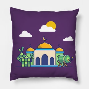 Mosque, ketupat And Bedug Drumb Cartoon Pillow