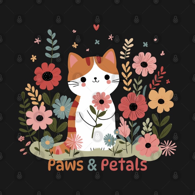 Paws and Petals | Cute Kawaii Kitty Cat with Flowers | Kitty Cat Lover Design by Nora Liak