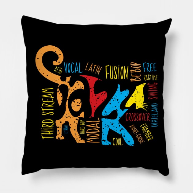 Colorful Jazz Cat With Jazz Genres Pillow by jazzworldquest