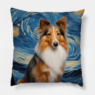 Shetland Sheepdog Dog Breed Painting in a Van Gogh Starry Night Art Style Pillow