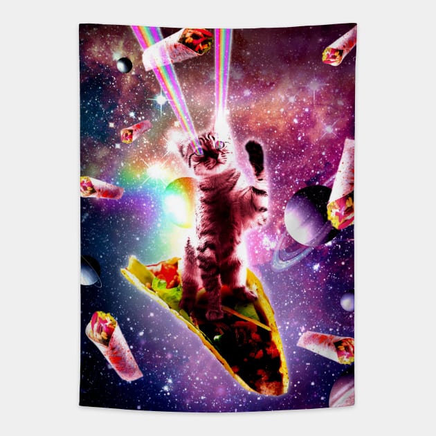 Outer Space Taco Cat - Rainbow Laser Eyes, Burrito Tapestry by Random Galaxy