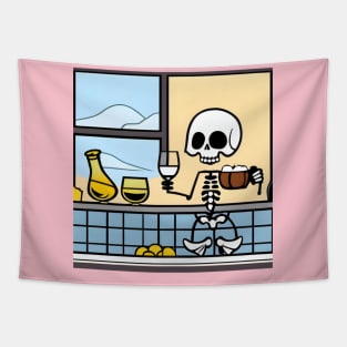 Skeleton in kitchen drinking wine and eating Tapestry