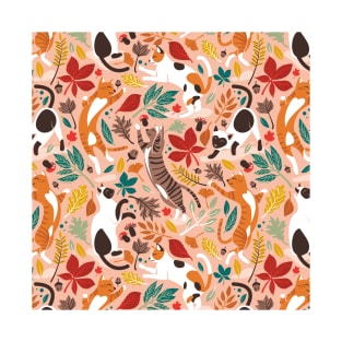 Autumn joy // pattern // flesh coral background cats dancing with many leaves in fall colors T-Shirt