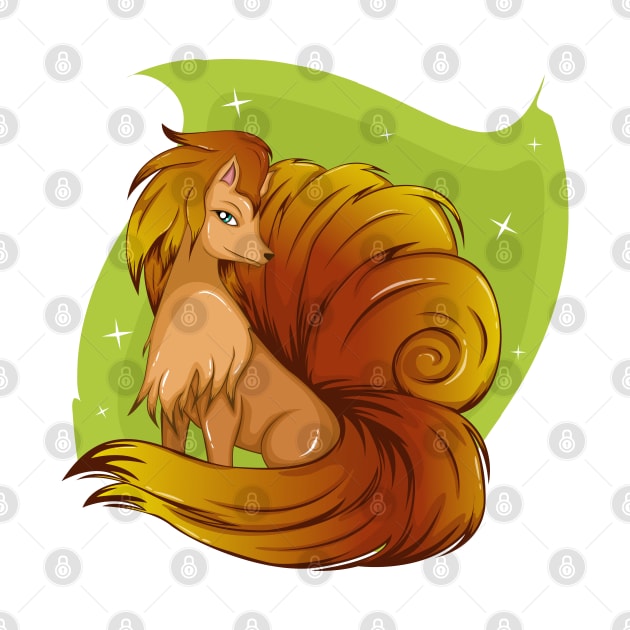 Cartoon six tailed orange fox by klara_art