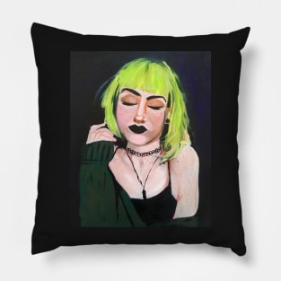 Green-haired Goth Girl on Black Pillow