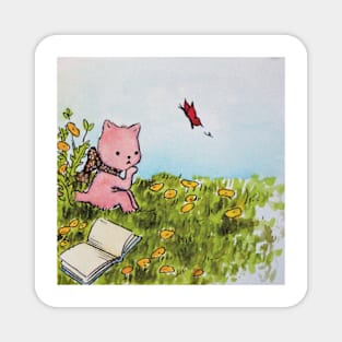 kitten reading in a meadow watercolor illustration Magnet