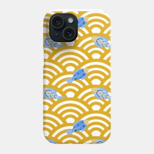 Blue fishes in yellow seigaiha waves Phone Case