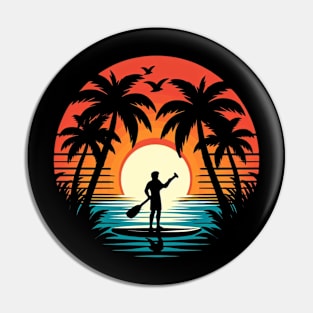 Paddle Boarder Palm Tree Sunset Pin