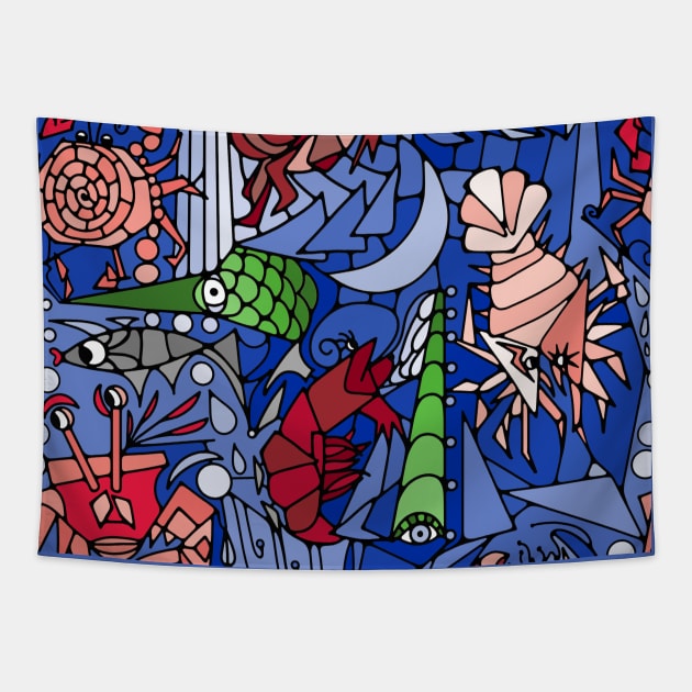 Cubist Crustacean Critters Tapestry by Slightly Unhinged