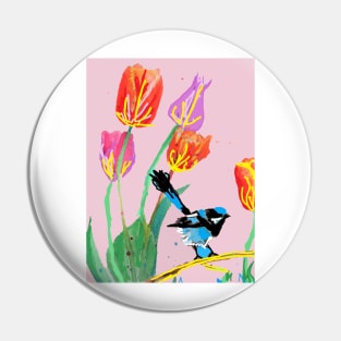 Abstract Blue Wren and Tulips Painting - on Pale Pink Pin