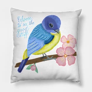 Bird, cherry blossoms, spring spirits and calligraphy Pillow