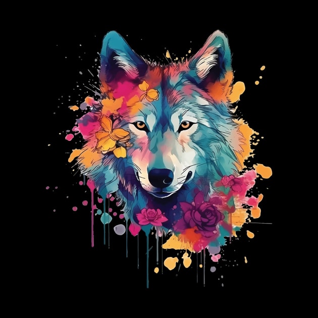 Colorful wolf with flowers by WAADESIGN