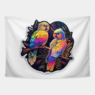 Colourful Parrots Sitting on Branch Tapestry