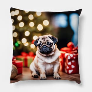 Tiny Pug Dog with Christmas Gifts Pillow