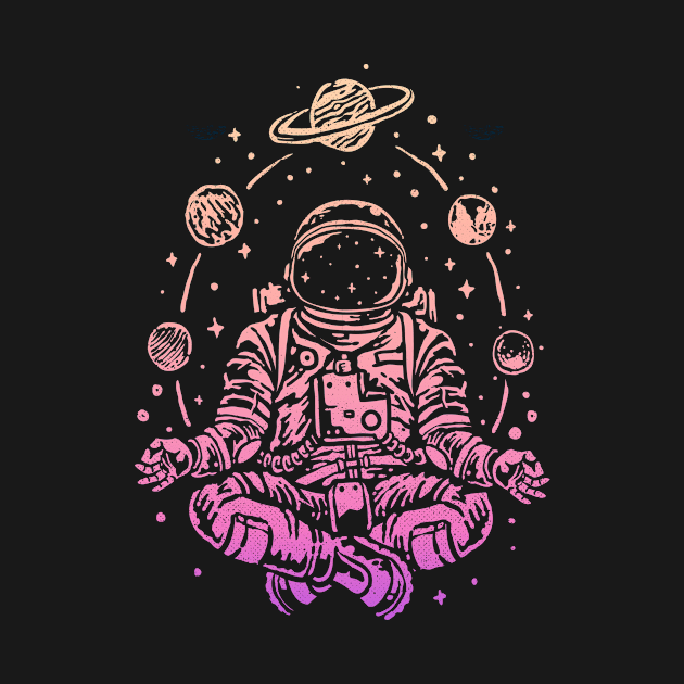 Meditating Astronaut Planets Colorful Lotus Women Meditation by Panda Pope