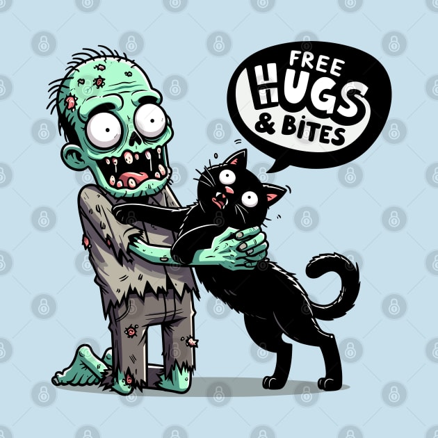 Free Hugs and bites - Zombie hugging black cat by PrintSoulDesigns