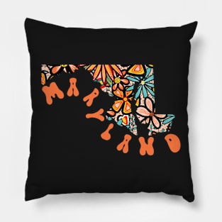 Maryland State Design | Artist Designed Illustration Featuring Maryland State Outline Filled With Retro Flowers with Retro Hand-Lettering Pillow