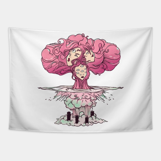 Mushroom Cloud Atomic Bomb Girls Artwork Tapestry by cellsdividing