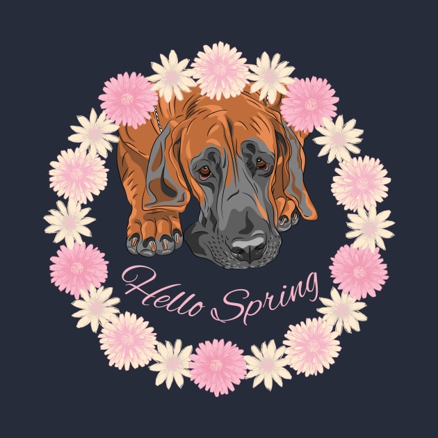 Hello Spring with Great Dane Dog in Flower Wreath by Seasonal Dogs