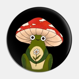 Cute Frog With a Mushroom Hat and a White Daisy Flower Cottage Pin