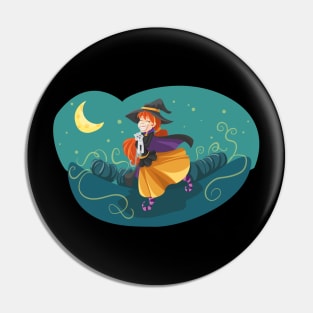 Cute Witch Running with Bored Cat in Arms Pin