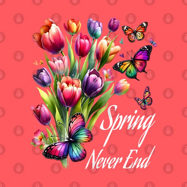 Tulips blossoms with Fluttering Butterflies Spring Never End colorful Eternal Springtime season Floral Display by First Phenixs