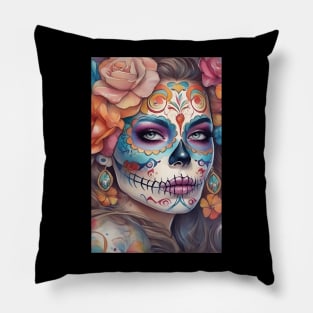 Sugar Skull Art - Beautiful Woman in Skull Makeup Pillow