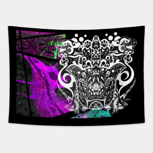 dark city in ecopop sutra mandala art with mexican patterns and dogs Tapestry