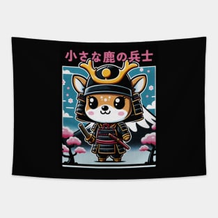 Cute cartoon Kawaii fawn Deer samurai armor with katana Chibi fuji mount blossom Tapestry