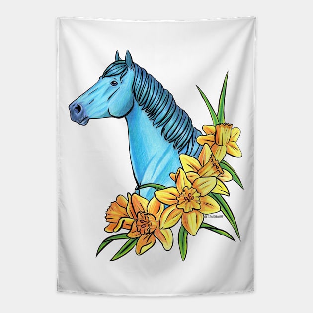 Aquamarine Horse with Daffodil Flowers Tapestry by lizstaley