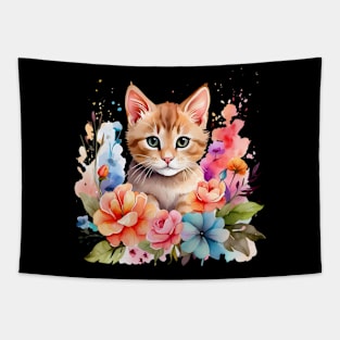 A cat decorated with beautiful watercolor flowers Tapestry