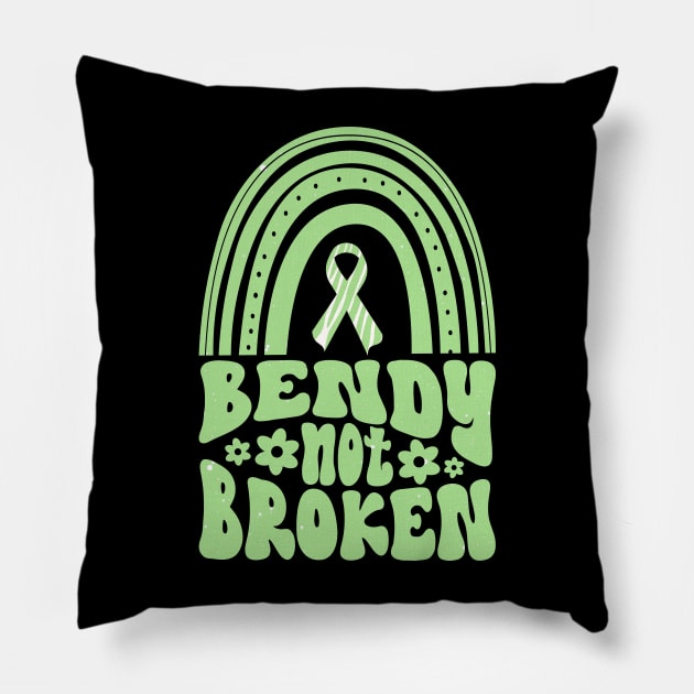 Ehlers-Danlos Syndrome Awareness Ribbon: Bendy Not Broken Green Boho Rainbow Pillow by Jesabee Designs
