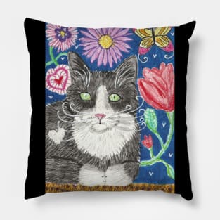 Tuxedo cat flowers Pillow