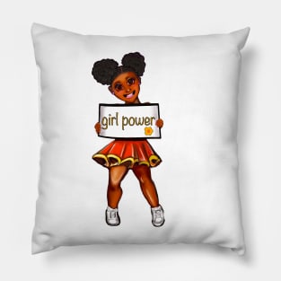 Girl power black anime manga girl cheerleader with Afro hair in puffs, brown eyes and dark brown skin side profile. Hair love ! Pillow