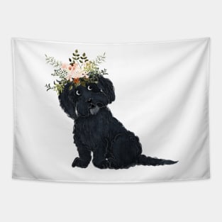 Black Dog with Flowers Tapestry