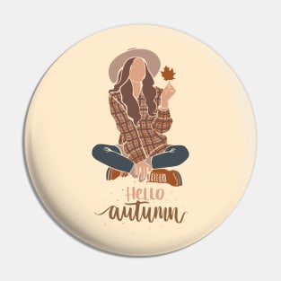 Hello autumn girl holding maple leaf Pin