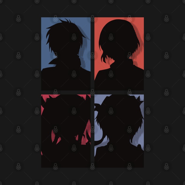 The Misfit of Demon King Academy or Maou Gakuin Anime Characters : Anos Voldigoad, Misha Necron, Sasha Necron, and Lay Glanzudlii in Silhouette Pop art Design by Animangapoi