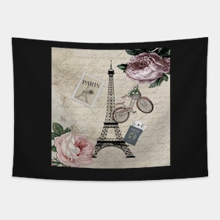 Paris France Pink Roses, Eiffel Tower French Vintage Love Letters Tapestry