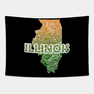 Colorful mandala art map of Illinois with text in green and orange Tapestry