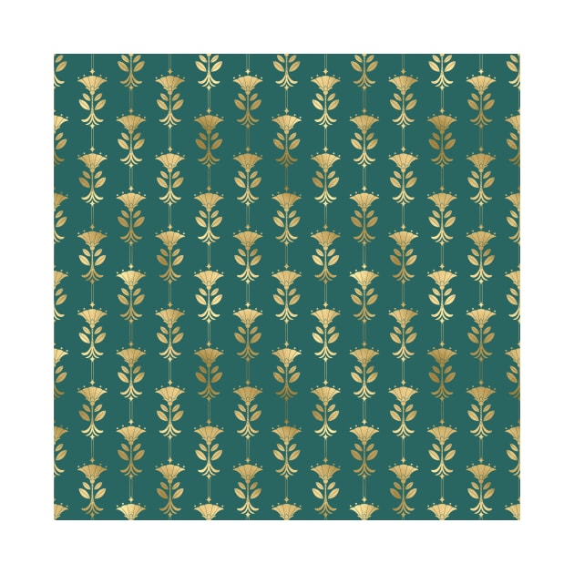 Teal and Gold Vintage Art Deco Damask Pattern by podartist