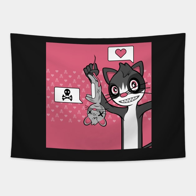 Cute Cat Proudly Holding Dead Mouse (Variant 1) Tapestry by MOULE