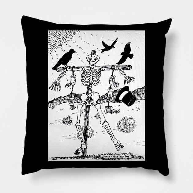 Skeleton scarecrow ravens Halloween drawing Pillow by Pragonette