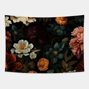 Dutch Nocturne: Luminous Floral Pastoral on Black Canvas Tapestry