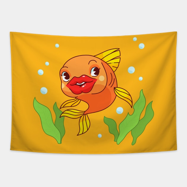 Fish Big Lips Cartoon Illustration Tapestry by Mako Design 